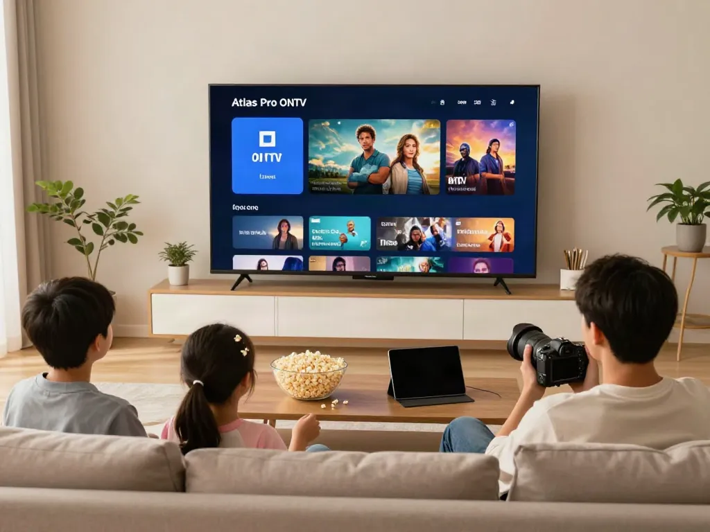 Famille profitant de l'application Atlas Pro ONTV dans un salon confortable.