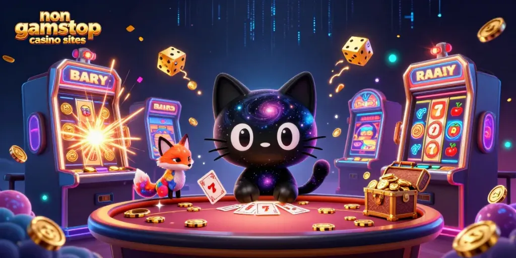 Engage in non gamstop casino sites with an exhilarating cosmic scene featuring a black hole cat and a nebula fox.