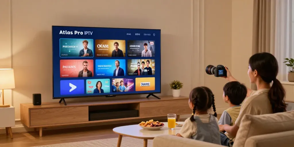 Téléchargement de l'application atlas pro iptv sur un téléviseur intelligent avec une famille regardant des chaînes en direct.