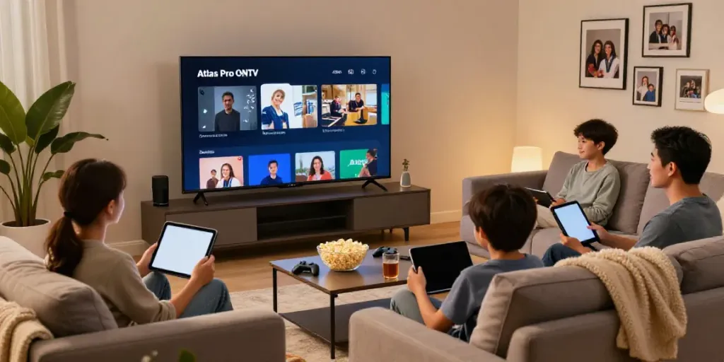 Famille utilisant l'application Atlas Pro ONTV dans un salon moderne et accueillant.
