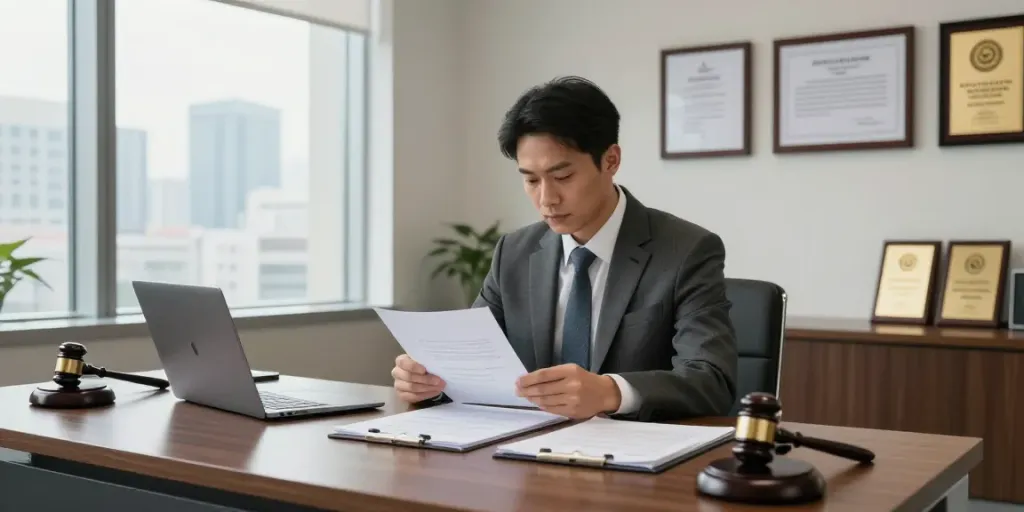 Attorney reviewing documents for calculateur de revision de loyer at a professional legal office.