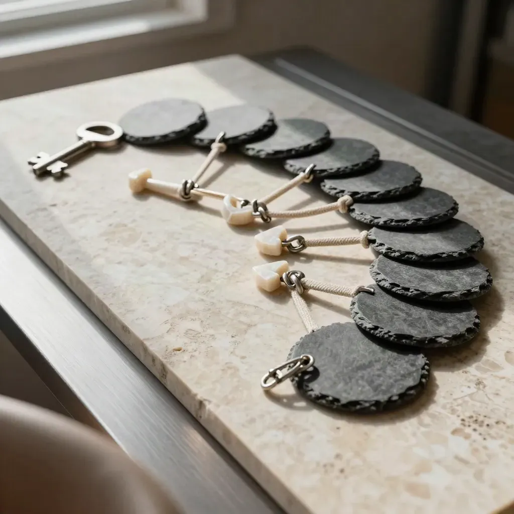 Pastilles, clips et liens textiles sur travertin, en réseau propre vu de dessus.