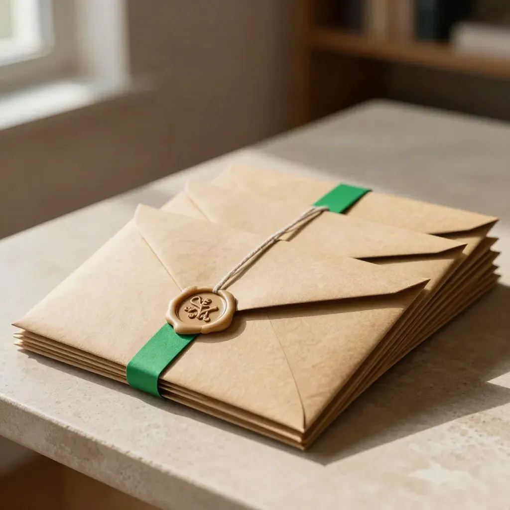 Enveloppes kraft scellées en diagonale sur pierre claire, avec ficelle et sceau de cire.