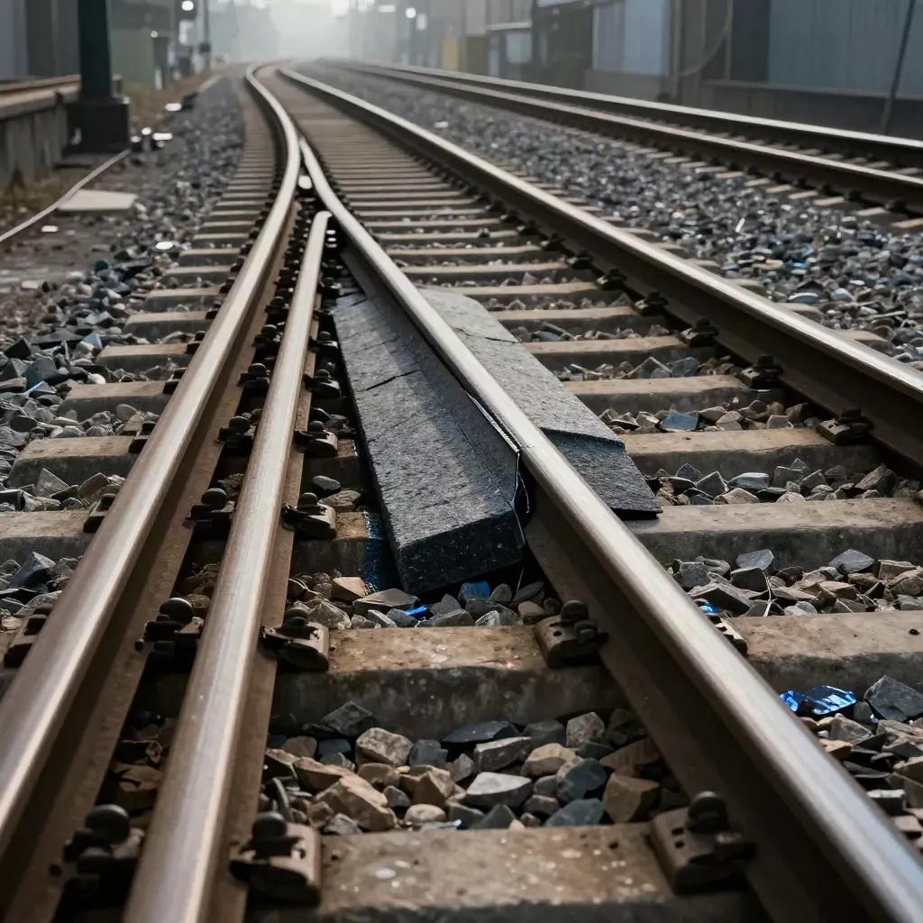 Rails de métal et pierre convergeant vers une nouvelle voie, dans une brume sombre cinématique.