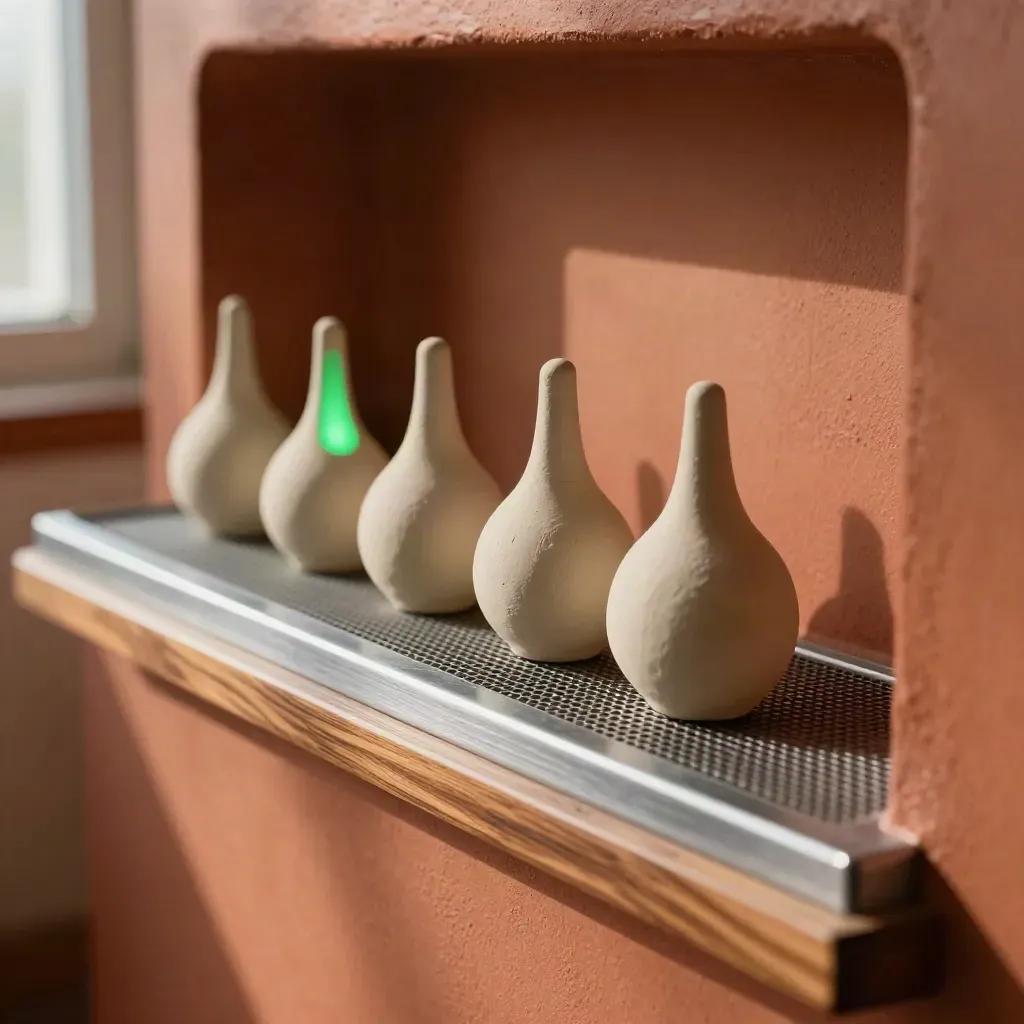 Pastilles de contrôle, relais lumineux vert et grille métallique dans une niche terracotta.