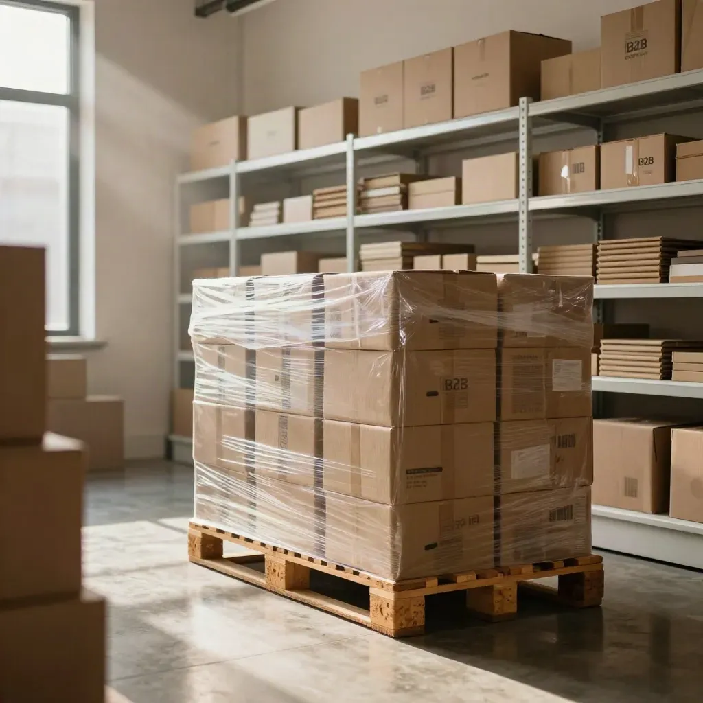 Allée d’une boutique B2B rénovée avec cartons scellés, rayonnages nets et lumière chaude.