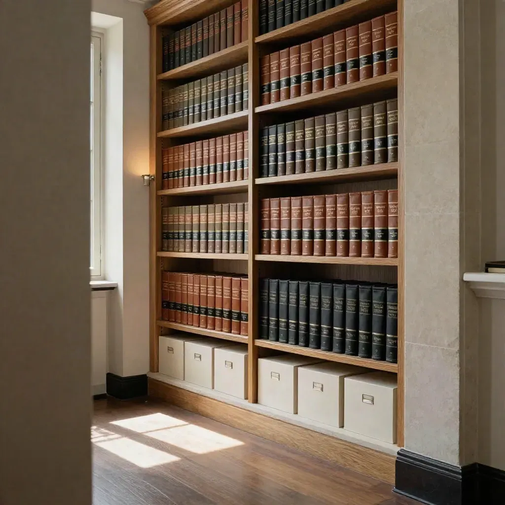 Coin de cabinet d’avocats avec rayonnages alignés, dossiers cuir et pierre claire.