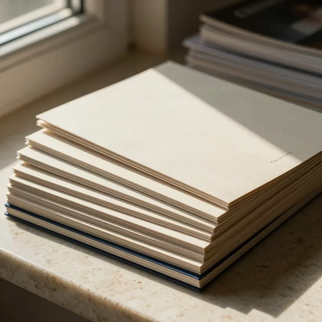 Douze brochures papier en éventail sur travertin, lumière dure et poussière dorée