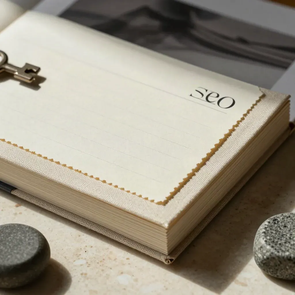Carnet à onglets, cartes de liens et poids de pierre sur travertin, vue macro.