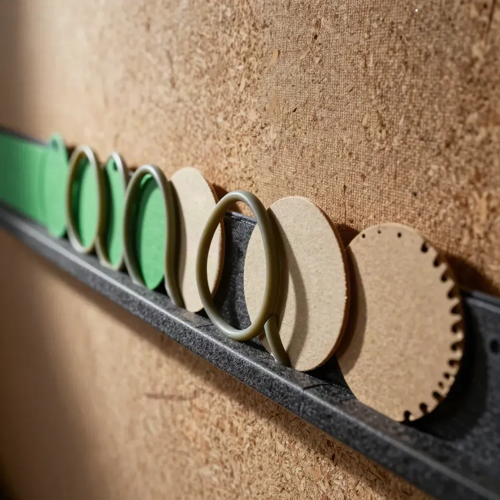 Gros plan de marqueurs de jalon, élastiques verts et disques kraft sur un rail de planification SEO.