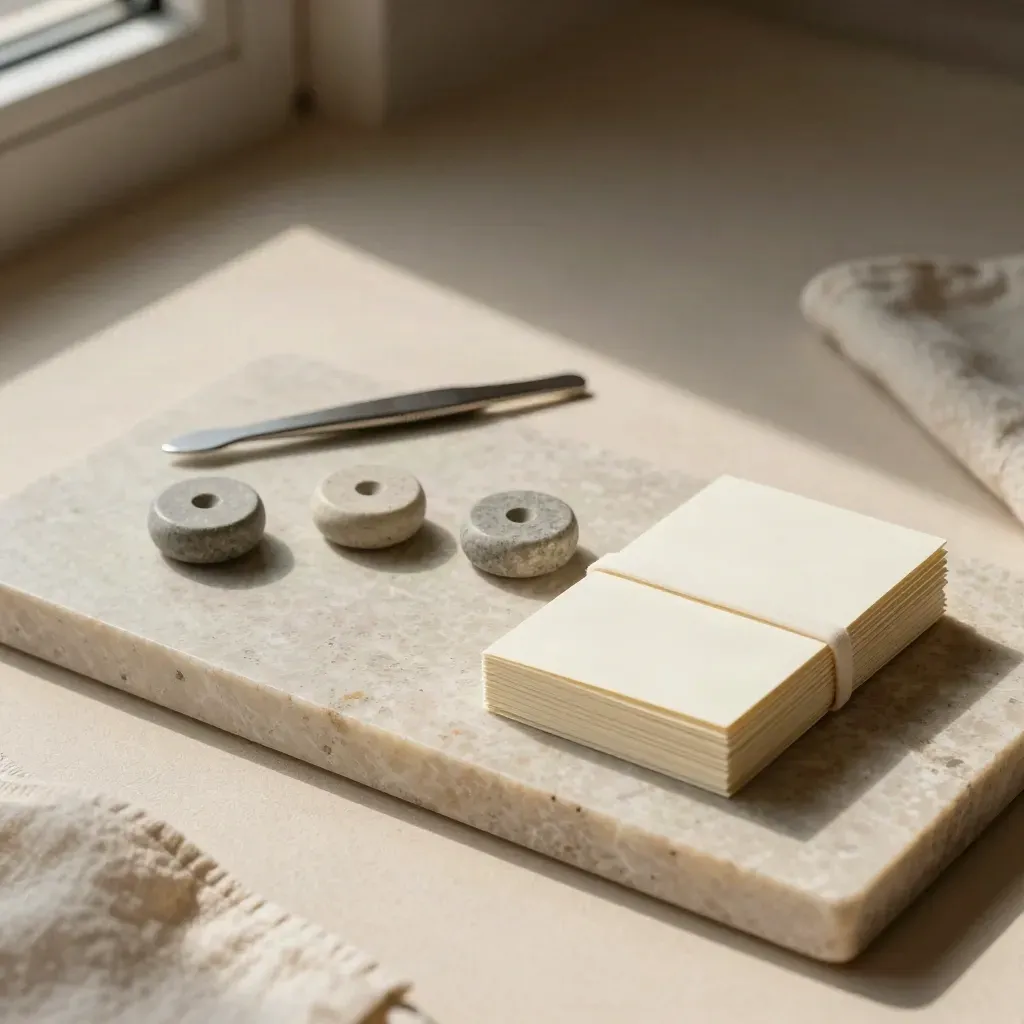 Jetons mats, pince fine et carte fermée sur un plateau de pierre, lumière douce.