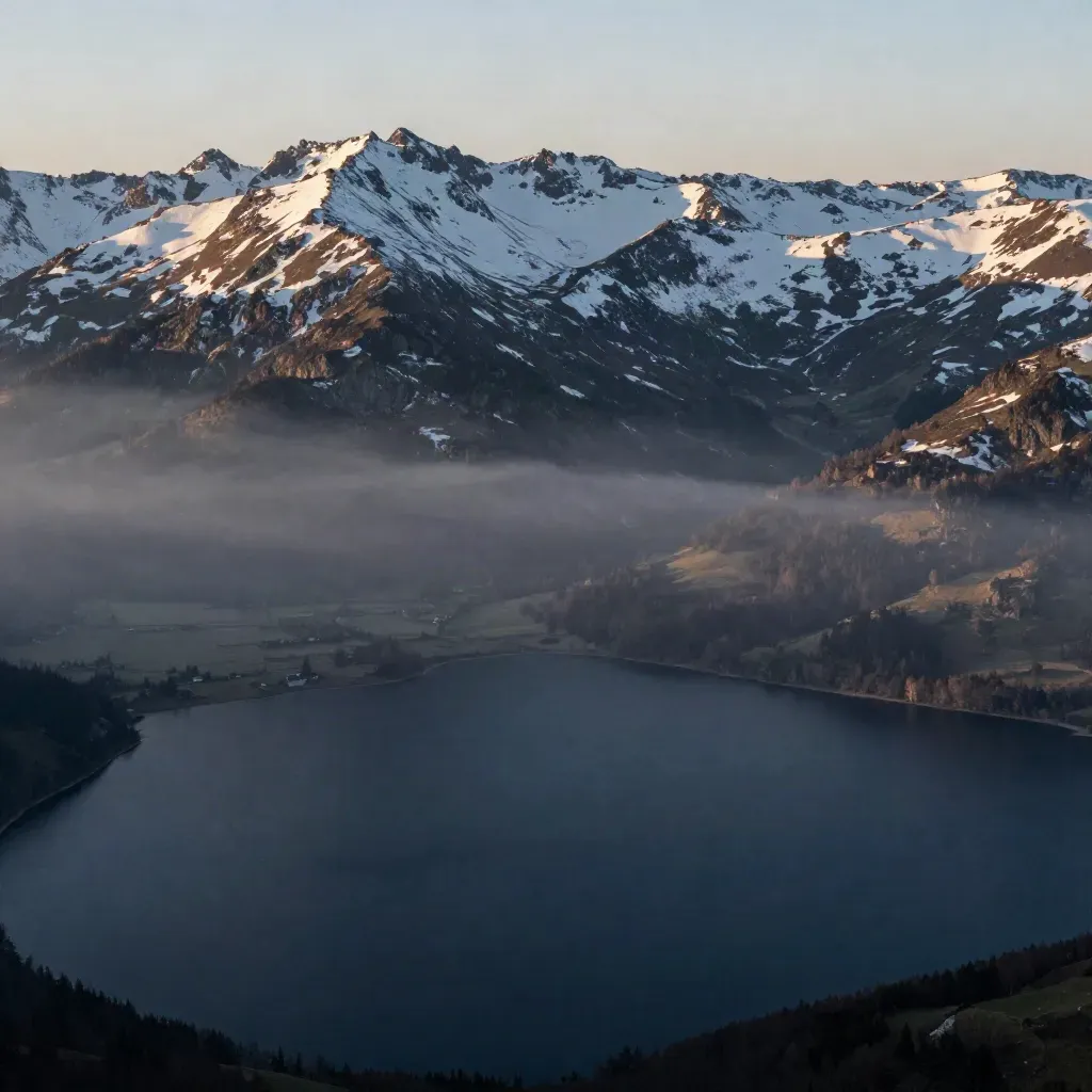 Crêtes d’Auvergne-Rhône-Alpes, lac sombre au premier plan et sommets neigeux dans la brume.