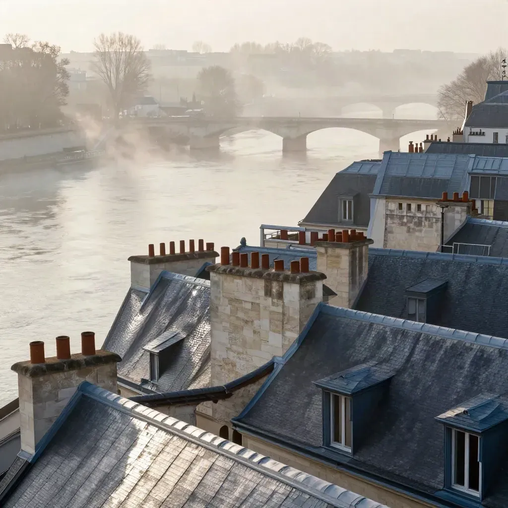 Toits haussmanniens au-dessus de la Seine dans la brume dorée, pont lointain et horizon calme.