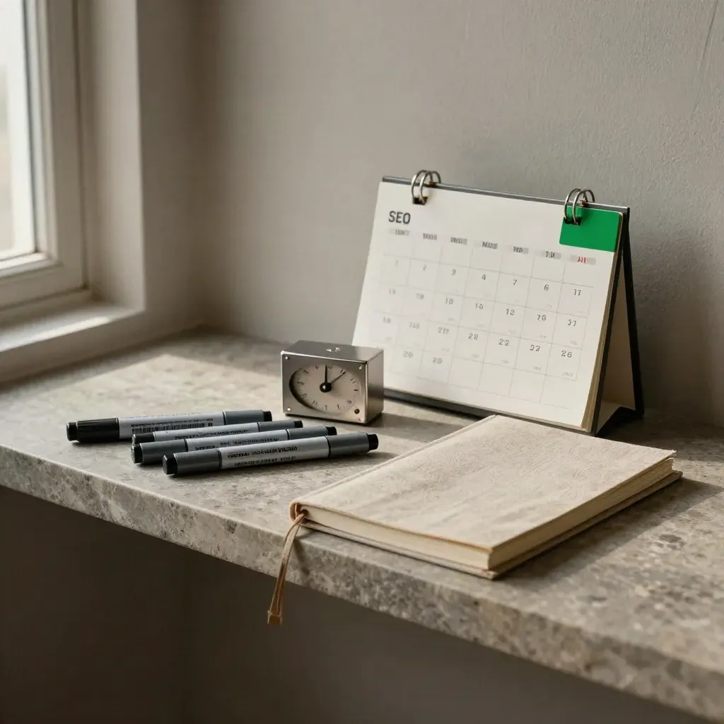 Repères mensuels sur une étagère en pierre, avec calendrier mécanique et carnet fermé.