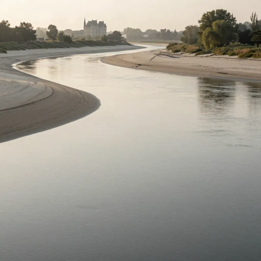 Loire au crépuscule avec bancs de sable, rive calme et château lointain dans la brume