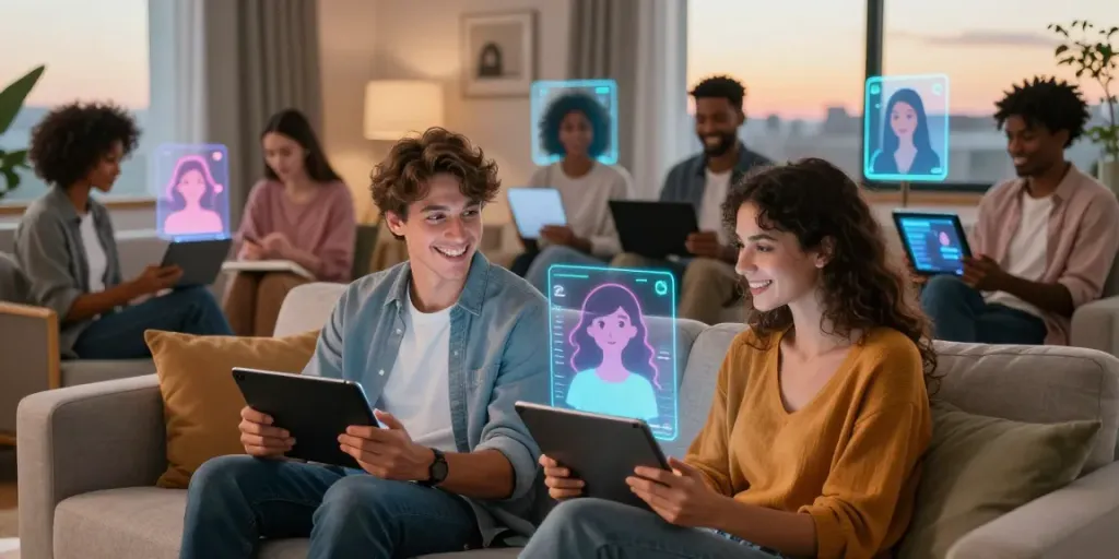Interactive scene of users engaged with their ai gf characters in a cozy setting